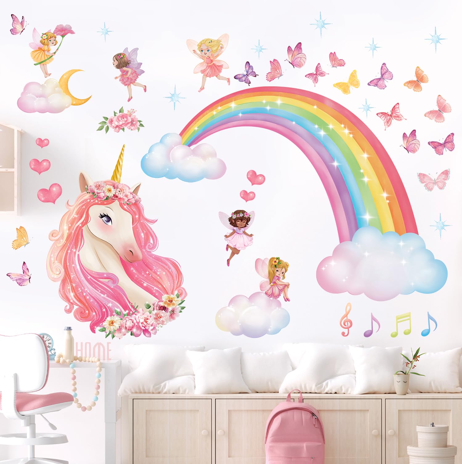DECOWALL SG2-2321 Rainbow Wall Decals Unicorn Rainbow Butterflies Clouds Wall Stickers Baby Nursery Girls Bedroom Living Room Wall Décor - Image 3