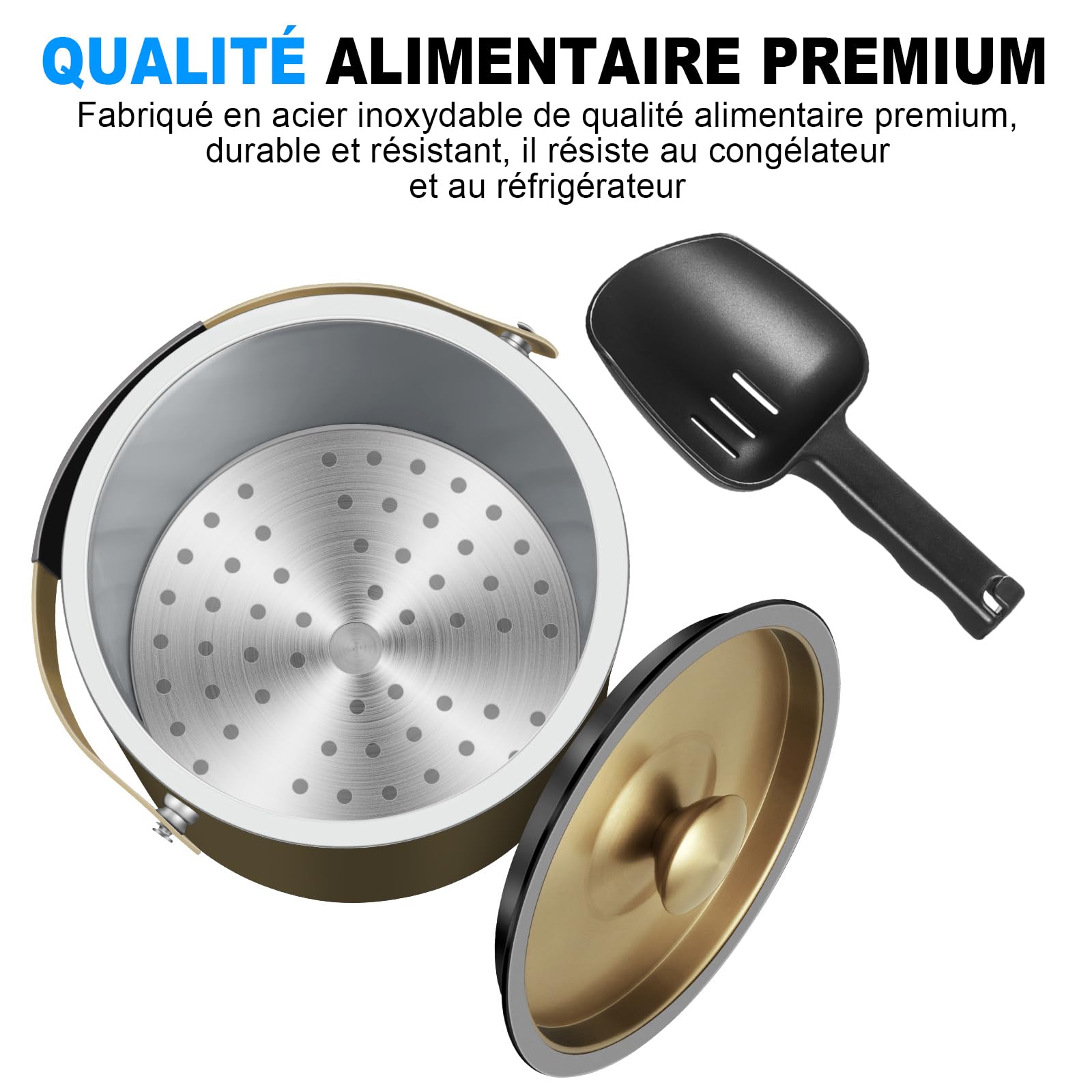 Seau à glace isotherme moderne de 3,2 l avec couvercle en silicone, cuillère, passoire, seau à glace à double paroi en acier inoxydable pour fêtes et bar à cocktails, idéal pour cadeau