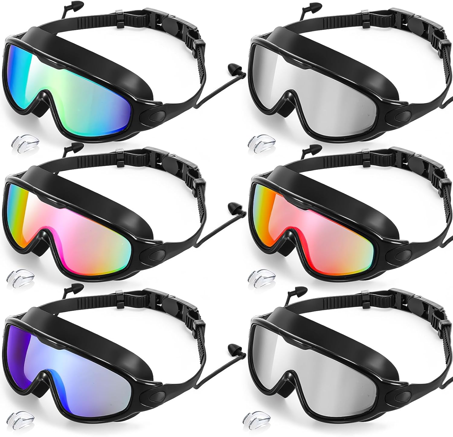 Kanayu 6 Pieces Swimming Goggles Wide View No Leaking Anti Fog Adult Swim Goggles with Earplugs Nose Clip for Adult Men Women