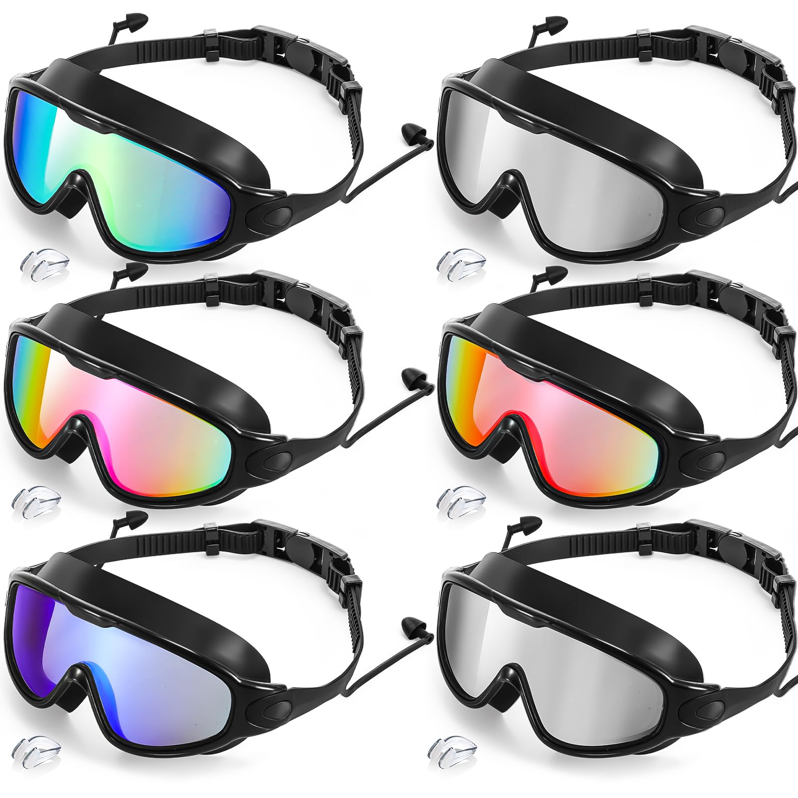 Kanayu 6 gafas de natación de visión amplia sin fugas, gafas de natación antivaho para adultos, con tapones para los oídos y clip de nariz para verano, adultos, hombres, mujeres, jóvenes, protección