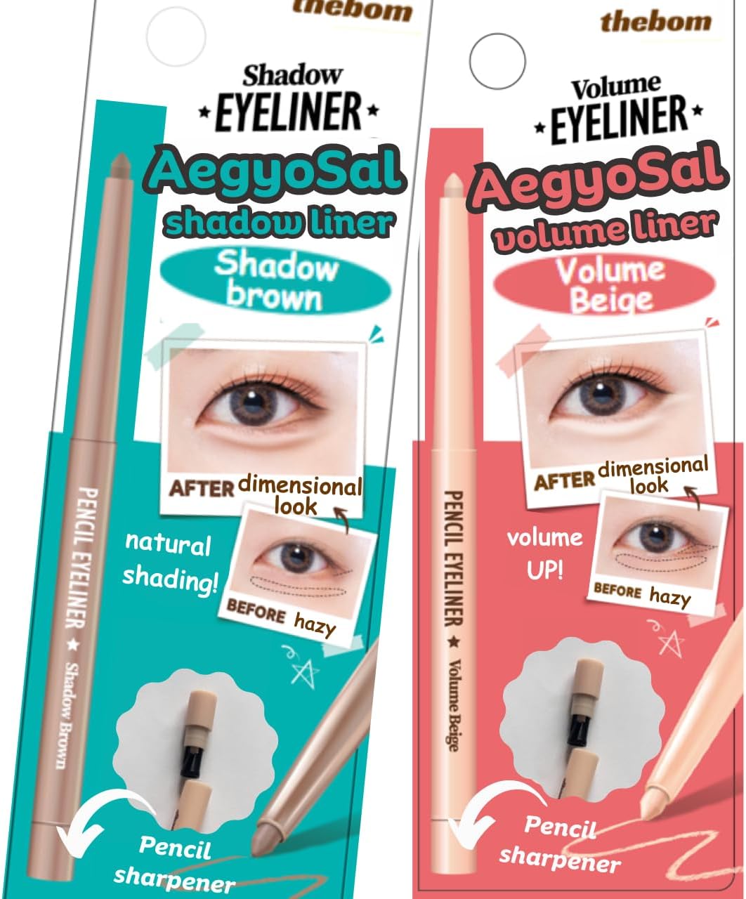 [thebom] AegyoSal Eyeliner Under-Eye Enhancing Pencil Highlighter Eye Makeup,2set (Brown + Beige) Korean Beauty Cosmetics
