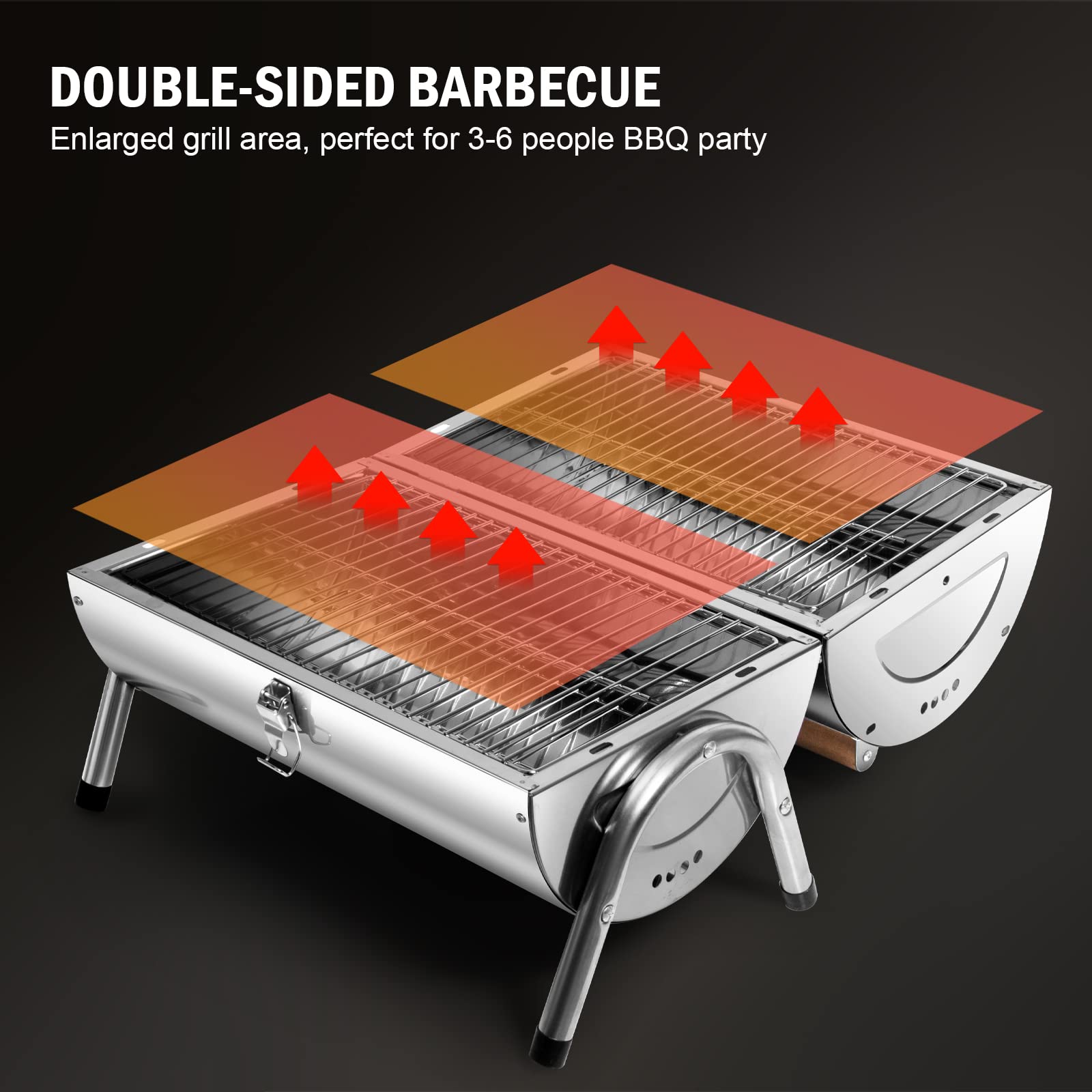 Edelstahl Klappgrill Holzkohlegrill, BBQ Grill Doppel Grillfläche 34x21.5 cm, Tischgrill Campinggrill für Outdoor Kochen, Camping und Picknick