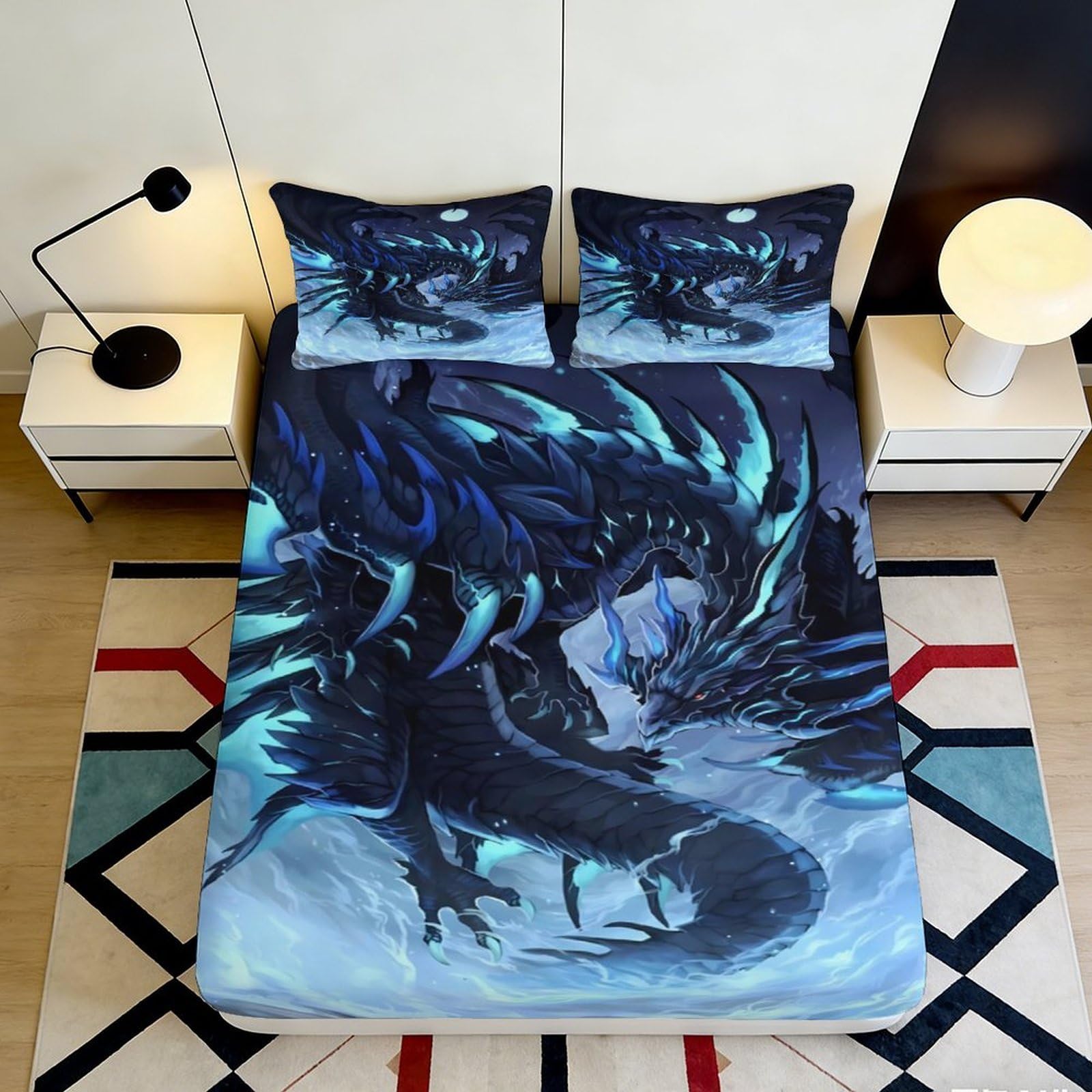 3D Printed Dragon Microfiber Deep Pocket Fitted Sheet for Adults Teens Bedroom Non-Slip Full Wrap Dragon Mattress Fitted Cover Washable Protector 200x200x25cm