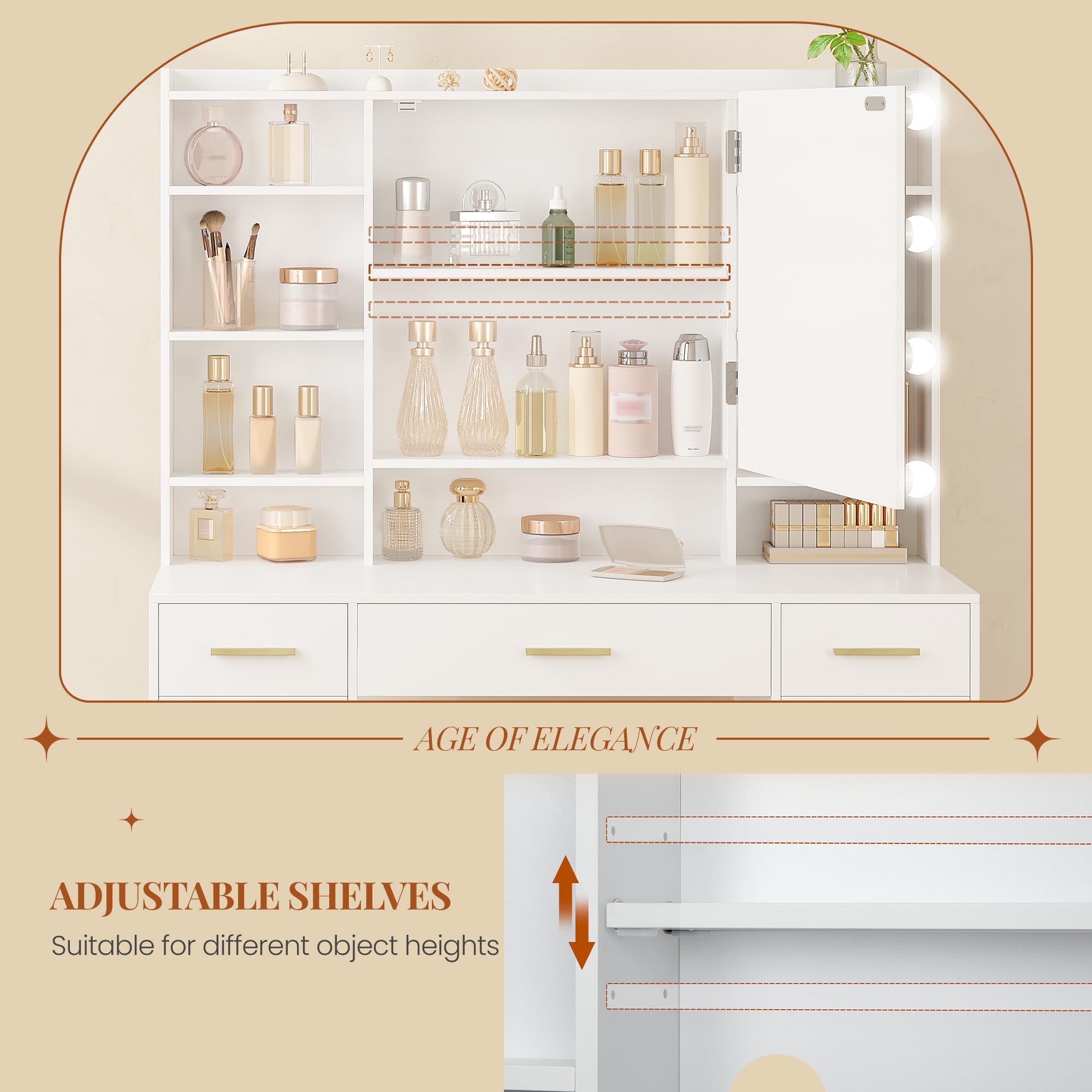 HEXCELEN 108 cm Coiffeuse avec Miroir et Lumières LED, Blanc | Luminosité Réglable, Tiroirs, Armoire et Étagères Ouverts, Table de Maquillage, Miroir avec Étagères Cachées