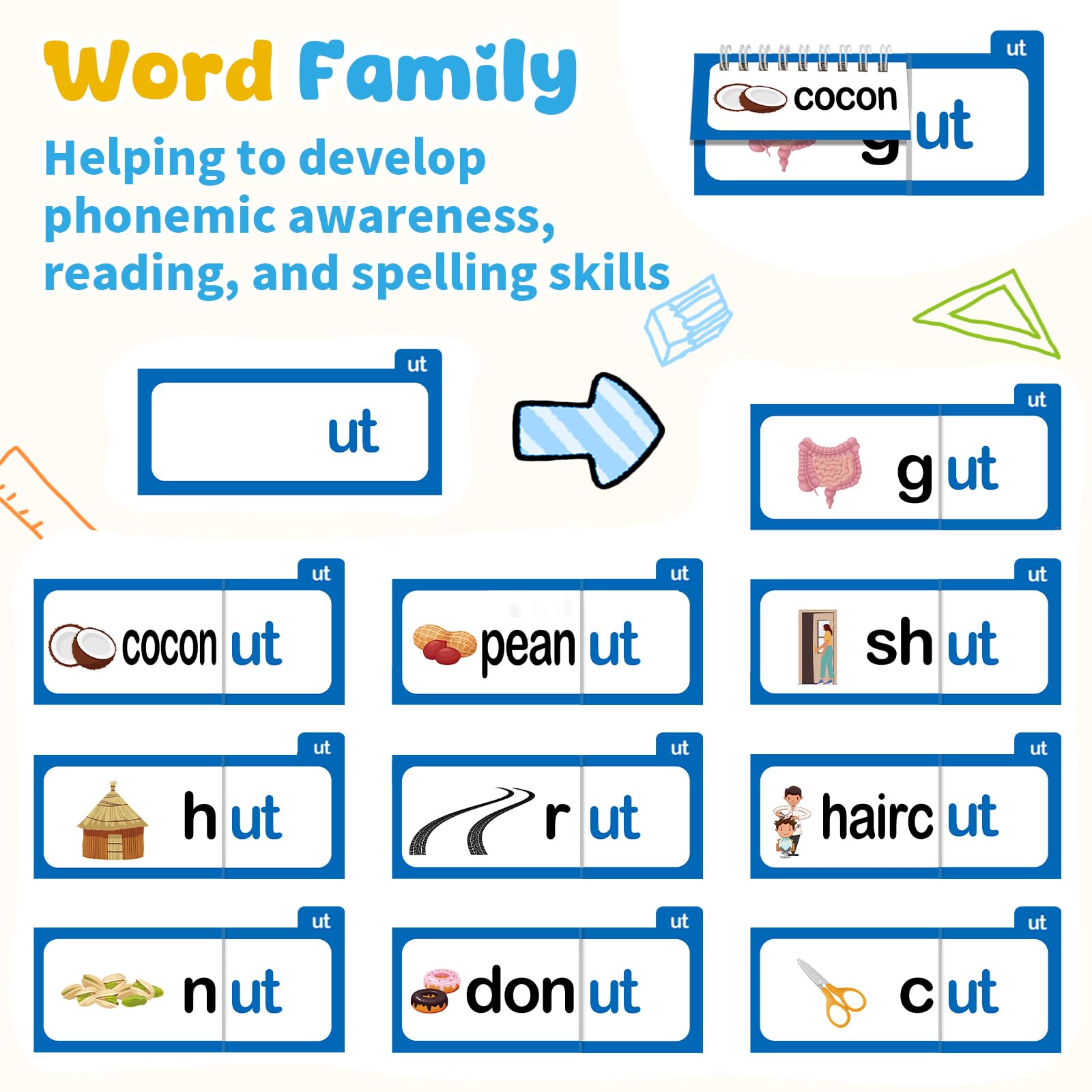 Word Family Build Book, 30 Read and Rhyme Flip Activity Book, ABC Vocabulary Flash Cards CVC Words Reading Games for Kids Ages 4-8 Preschool Learning Activities Families Educational Games