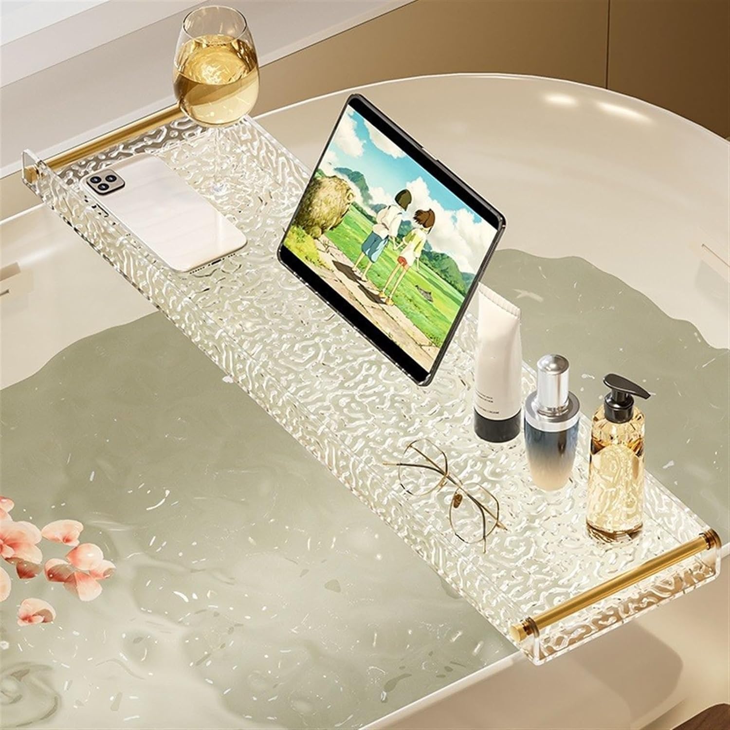 Bandeja acrílica para bañera con asa, organizador de baño de lujo para dispositivos, libros y bebidas, impermeable, ajustable, perfecto para una experiencia relajante de spa