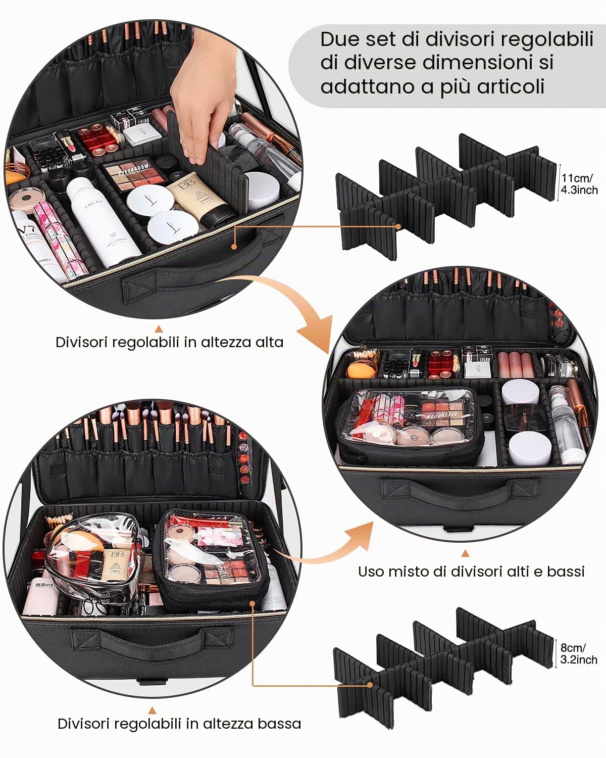 Relavel Valigetta per trucchi extra large con 4 borse per trucchi, set di beauty case professionale, organizer da viaggio portatile con divisori regolabili, Nero , Valigetta per trucchi extra grande