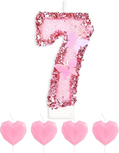 Velas de cumpleaños, vela número 7 con 4 velas de corazón, decoraciones de fiesta de cumpleaños de mariposa para mujeres y niñas, velas de números