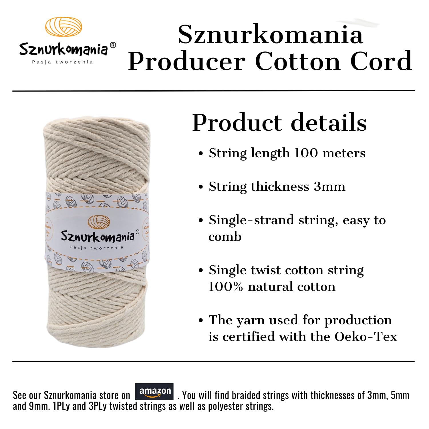 Macrame Yarn 3 mm 100 m 1-ply, Many Colours, Cotton Yarn, Cotton Cord 3 mm, Macrame Cord, Macrame Cord, Cotton Cord, Cotton Rope, Crochet Cord (Natural)