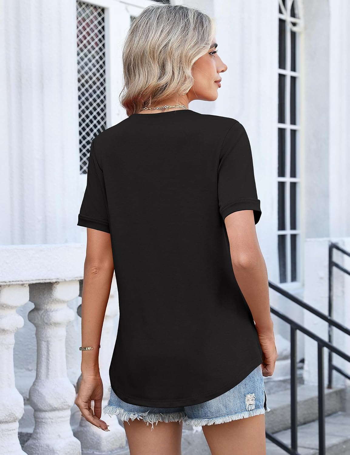 TCOT Women's Short Sleeve Tops Summer Cold Shoulder Button V Neck Shirts Dressy Casual Blouses image 3