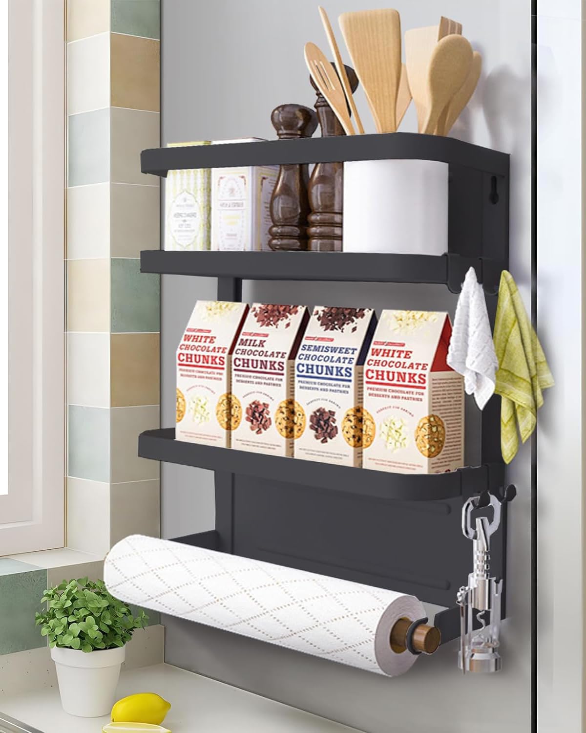 Refrigerator Shelf Organizer Magnetic Paper Towel Holder Kitchen Fridge Spice Rack Storage Spice Jars Holder(Black)