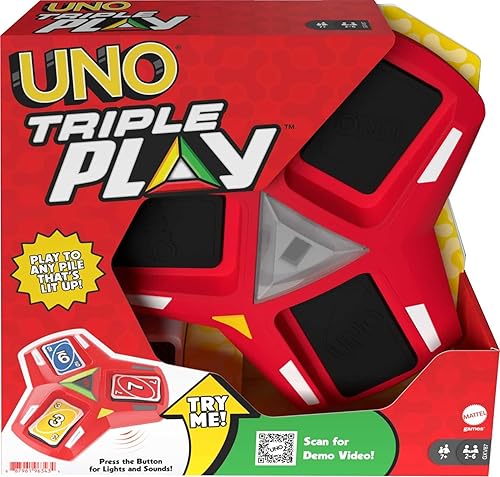 Miniatura 6 de Mattel Games UNO - Juego de cartas triple para niños, adultos y noche familiar, juega tres pilas, dibuja cuando se sobrecarga, luces y sonidos