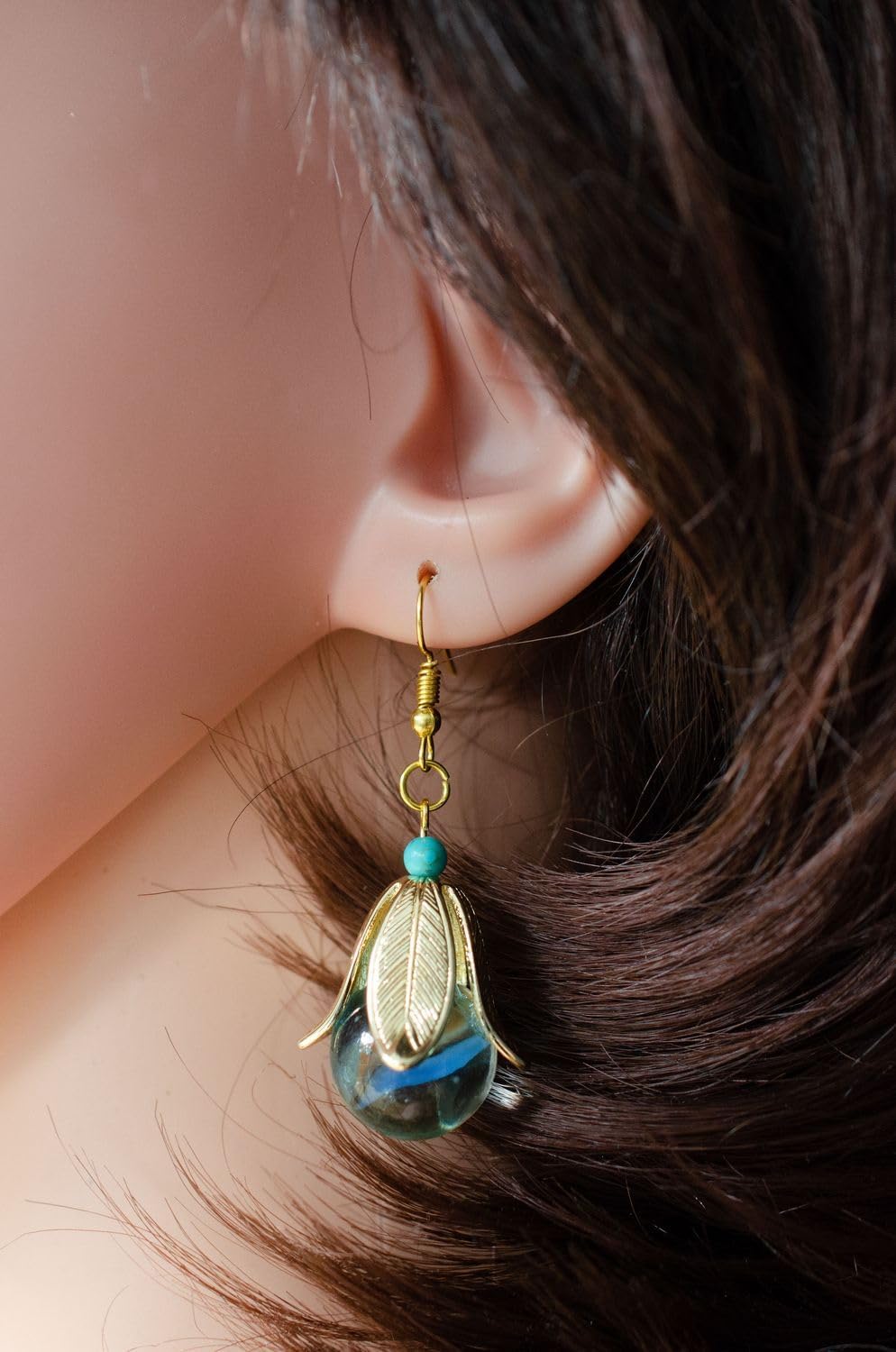 Marbel earrings Miniblings pendant pearl leaf upcycling light blue gold