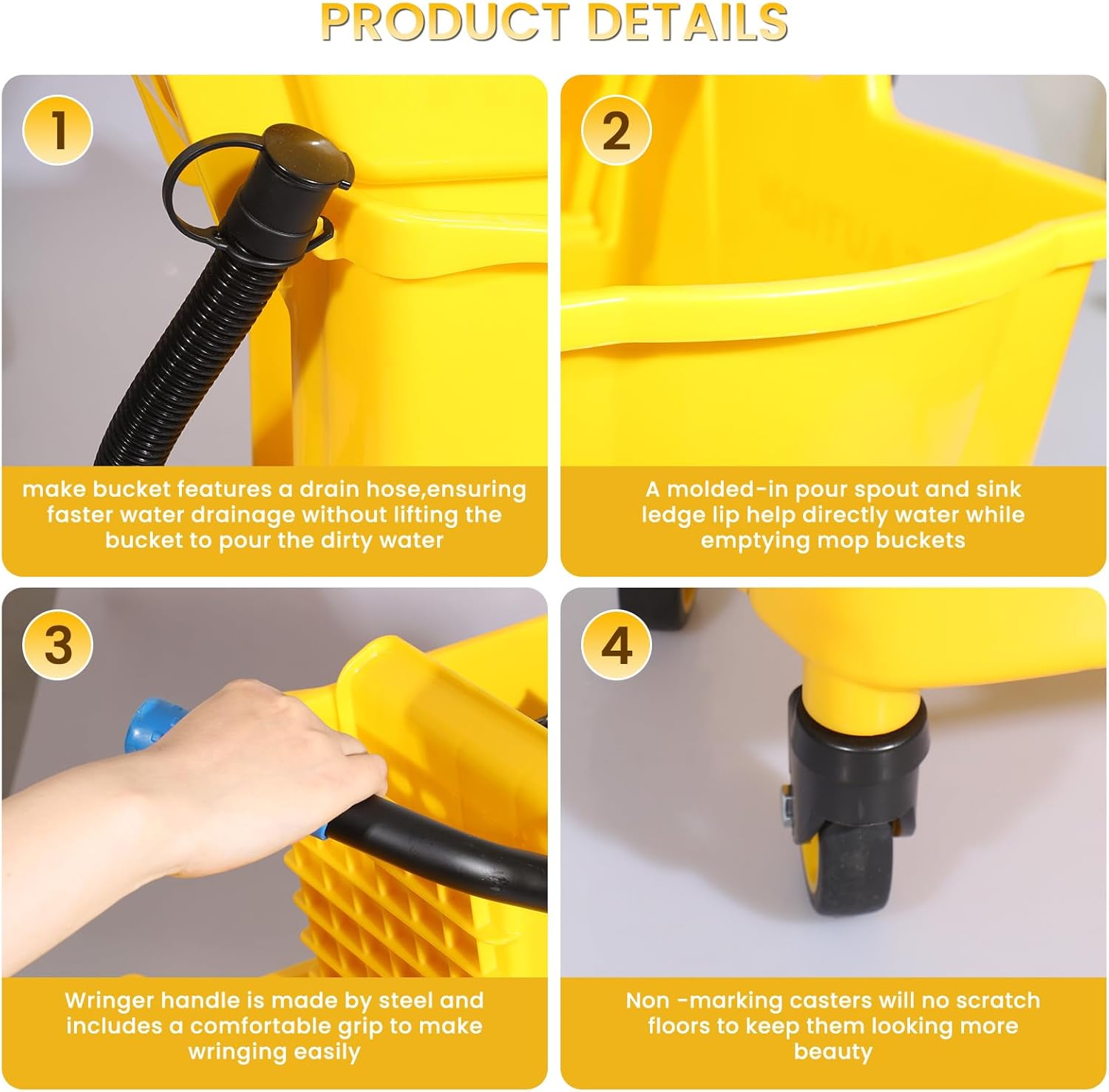 35-Qt Side Press Wringer Combo Commercial Floor Cleaning Rectangular Mop Bucket on Wheels, Yellow,Add One Commercial Mop and One Mop Head Replacement