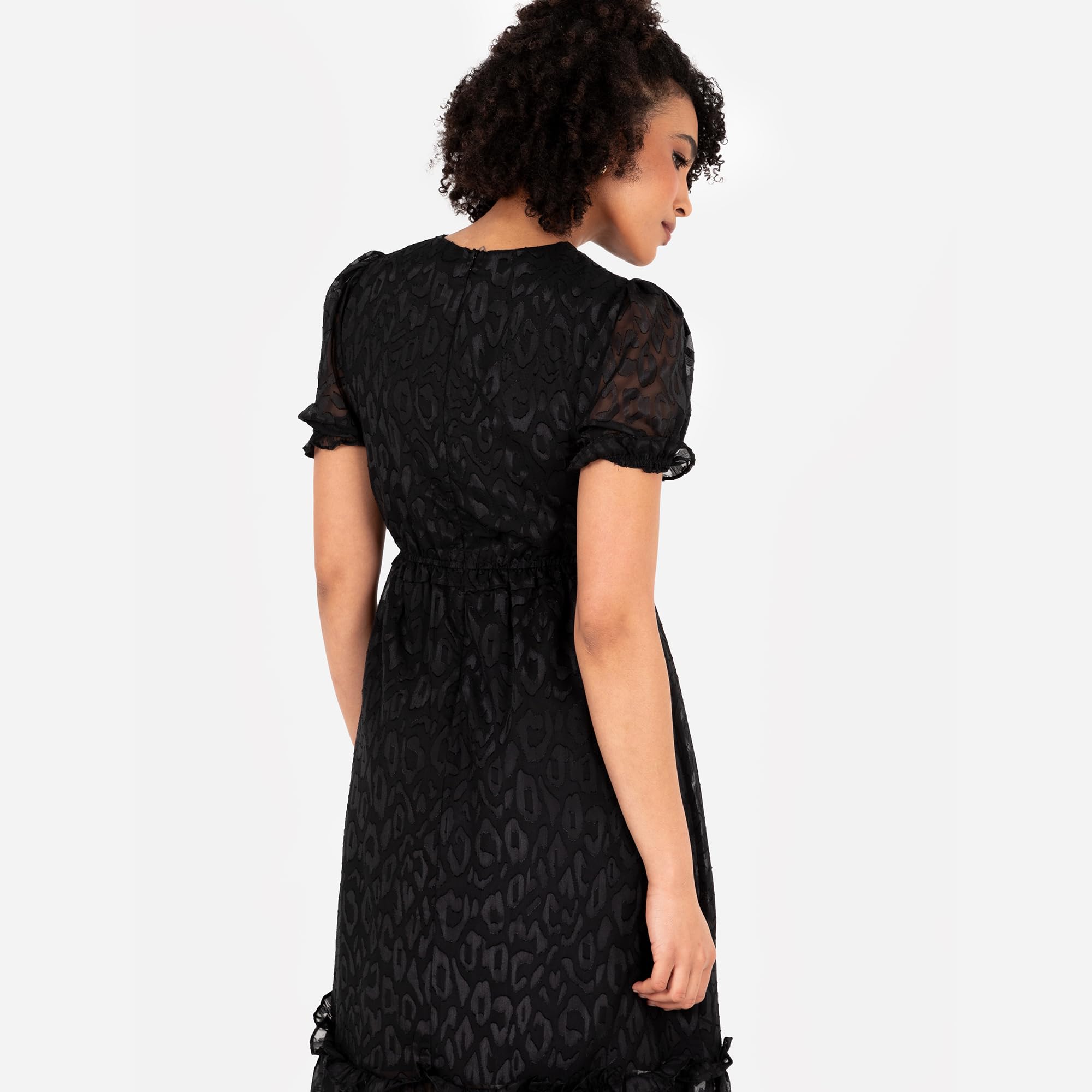 Lovedrobe Damen Women's Ladies Midi Dress Round Neckline Short Puff Sleeve Tiered Hem Ruffle Animal Print A-line Casual Occasion Dress (1er Pack)