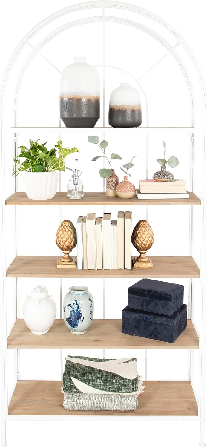 Creative Co-Op Metal Framed Bookshelf with 5 Wood Shelves Cabinets and Shelf Units, White