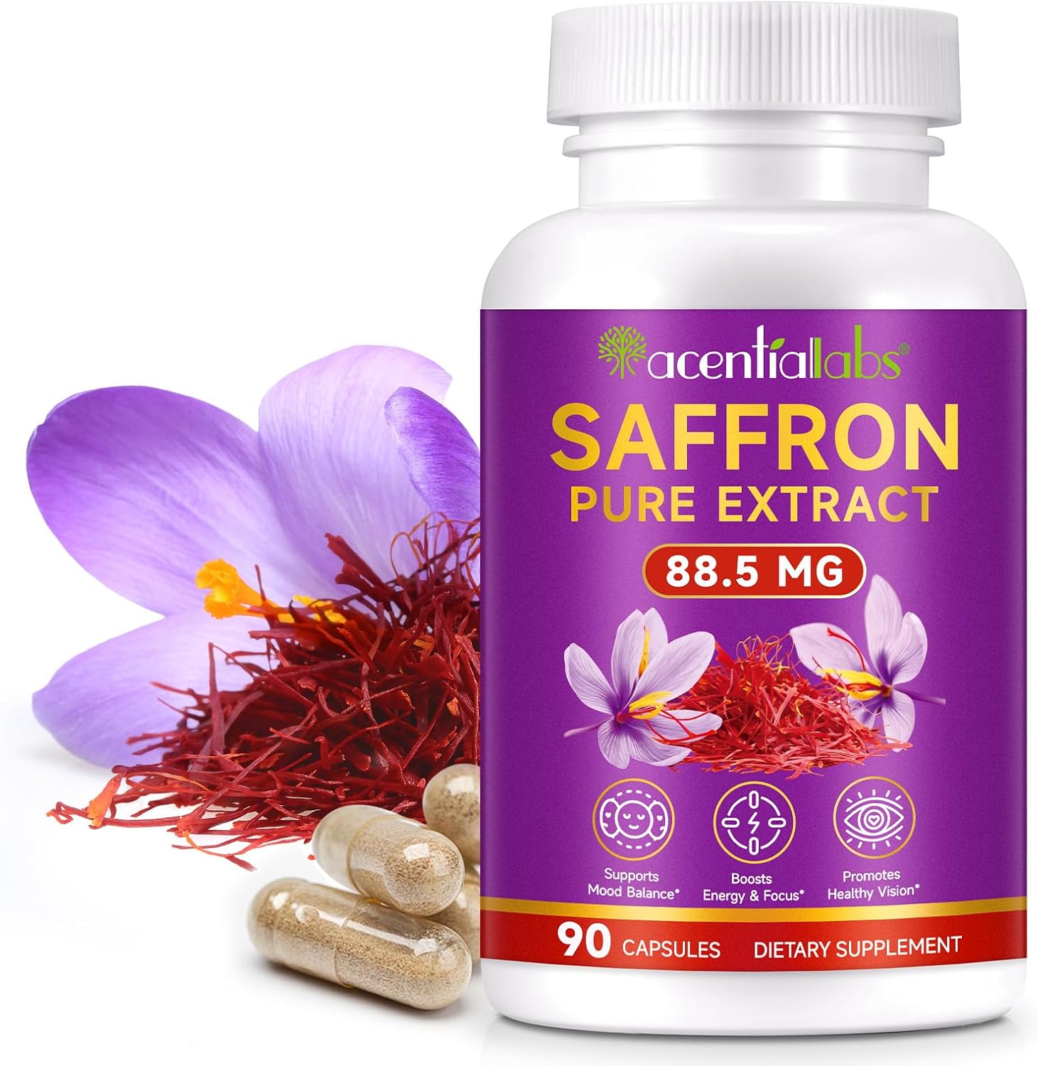 Saffron Supplement, Saffron Pure Extract 88.5mg, Supports Mood Balance, Boosts Energy & Focus, Promotes Healthy Vision, 90 Capsules