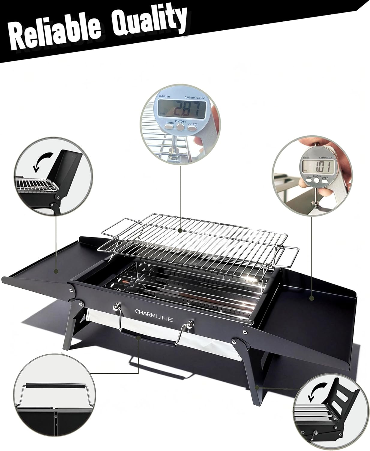 Charmline 15x11 inches Portable Charcoal Grill, Compact Portable BBQ Grill, Tabletop Charcoal Grills for Camping, Picnics, Gardens and Beach Parties, Black