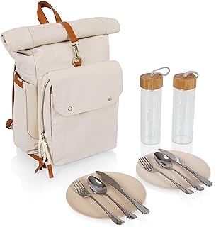 PICNIC TIME Carmel - Mochila de picnic enrollable con juego de utensilios, bolsa de lona aislada para almuerzo y senderismo, bolsa de refrigeración de playa, bolsa de picnic, color marrón