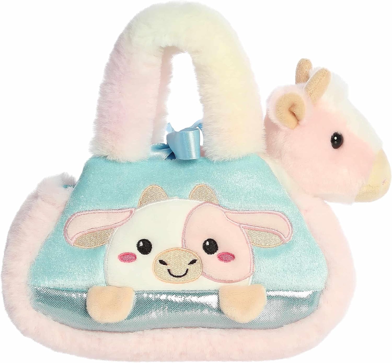 Aurora® Fashionable Fancy Pals™ Peek-A-Boo™ Strawberry Cow Stuffed Animal - Plush with Stylish Purse for Dress Up Fun - Perfect for Kids 3+ Years, Costumes, and Birthdays - Pink 7.5 Inches