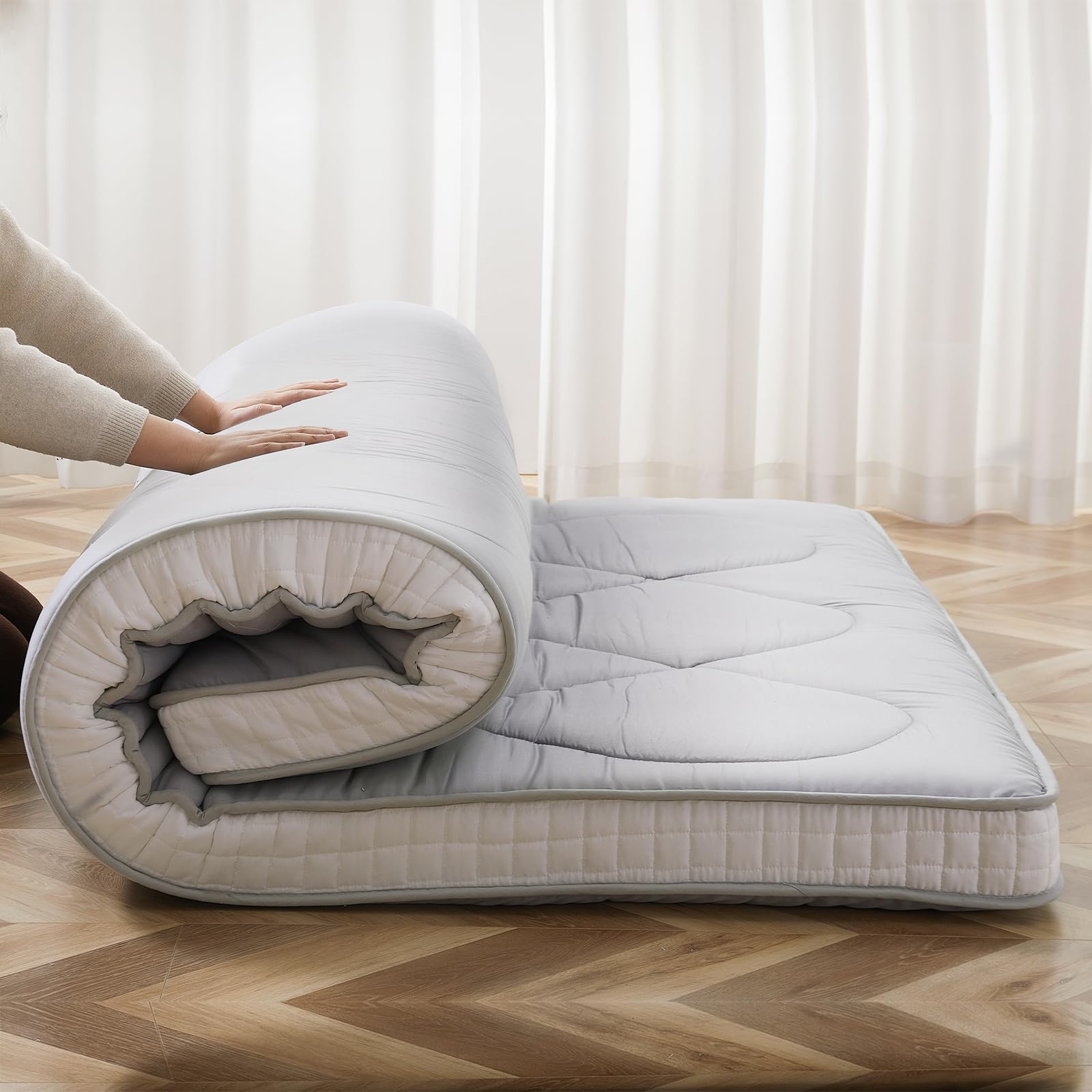 137 * 203 * 9CM Japanese Futon Mattress Double Floor Mattress, 9CM Thickness Foldable Tatami Mat Sleeping Bed Pad for Guests, Dormitories, Camping