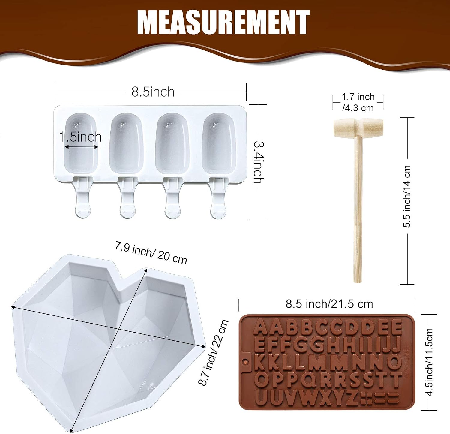 Diamond Heart Silicone Cake Mold Trays 8.7 Inch with 2 Pieces Wooden Hammers, 2 Pieces Silicone Ice Lolly Molds 4 Cavities Ice Lolly Molds with 50 Pieces Wooden Sticks and 2 Pieces Chocolate Molds