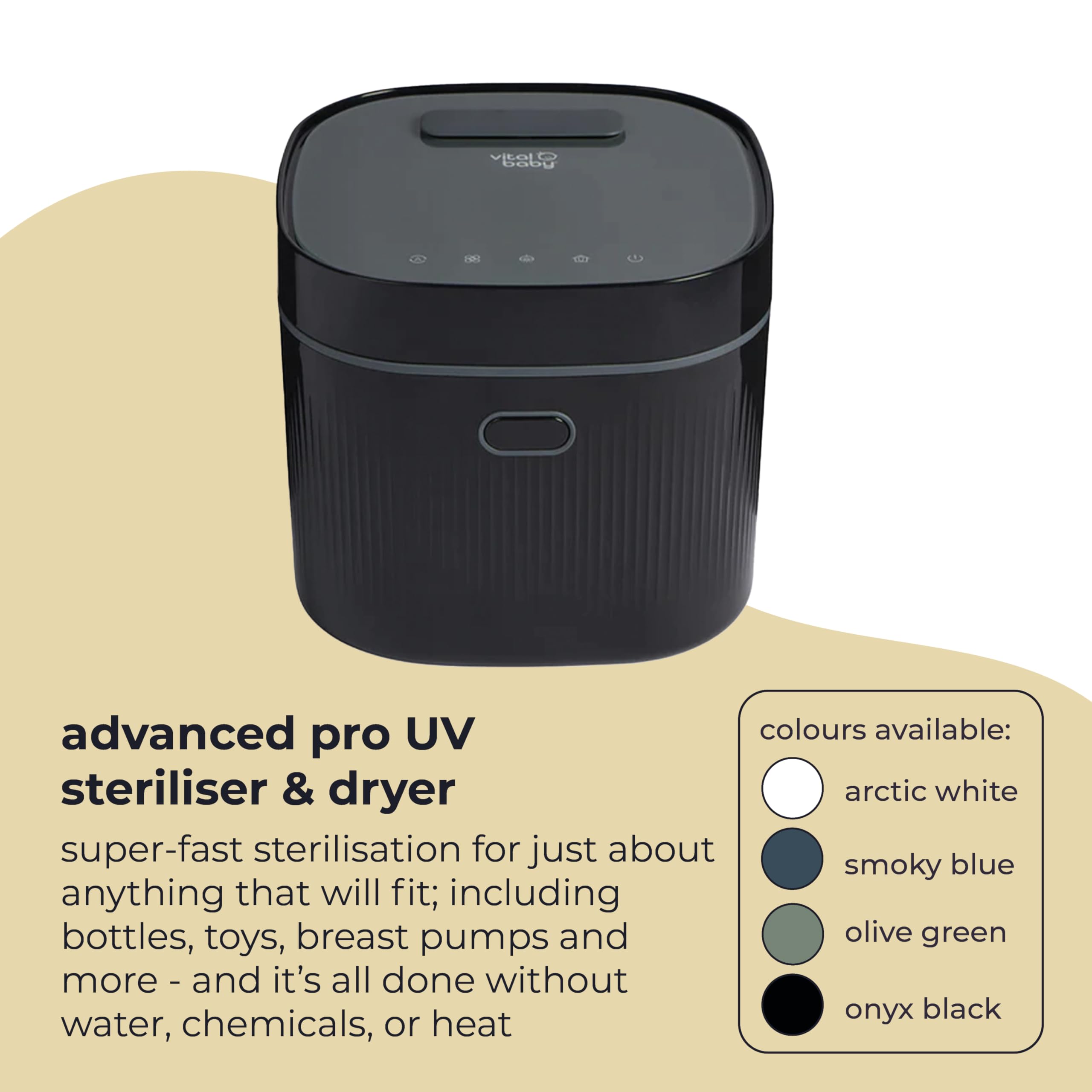 Vital Baby Esterilizador UV para biberones y accesorios, mata el 99,99% de los gérmenes en 5 minutos, esteriliza, seca y almacena, sin agua, vapor ni productos químicos, negro ónix