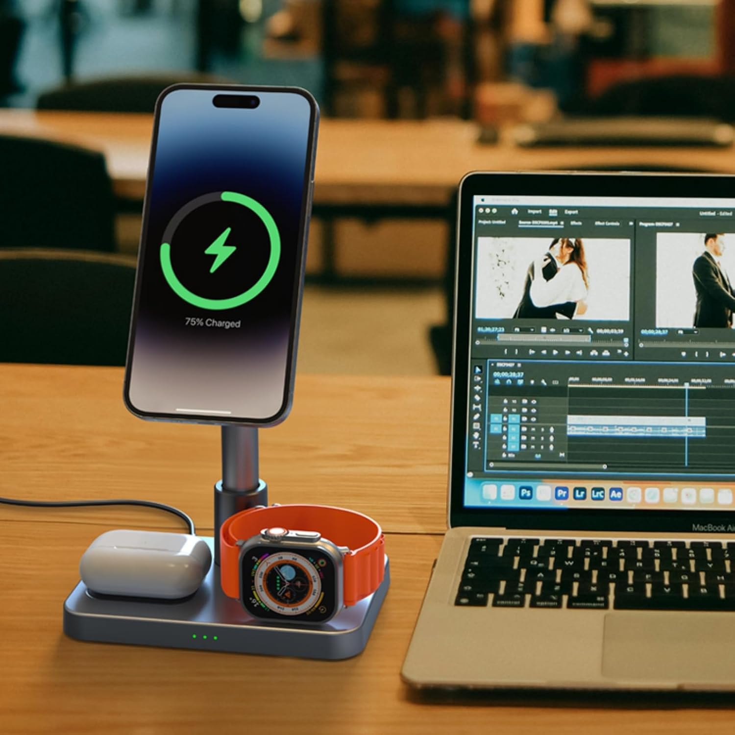 iPhone charging on the stand with Apple Watch and AirPods also charging