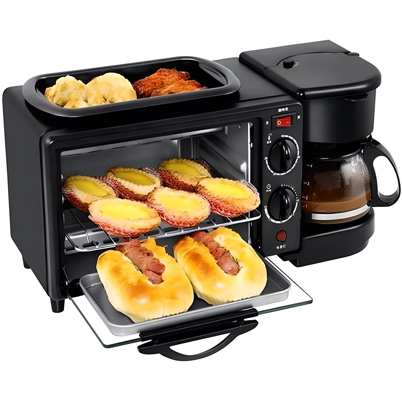 Station de petit-déjeuner, appareil de petit-déjeuner multifonction 1100W avec machine à café et plaque de cuisson, four grille-pain antiadhésif pour œufs, bacon et crêpes, appareil de cuisine