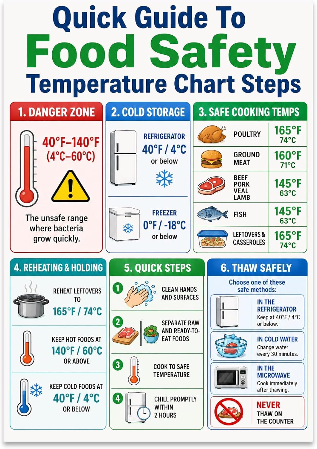 Kitchen Wall Poster Print - Organized Food Safety Guide - 13x19 | Food safety temperature chart for cooking, reheating, holding, thawing, cold storage, kitchens, and culinary training