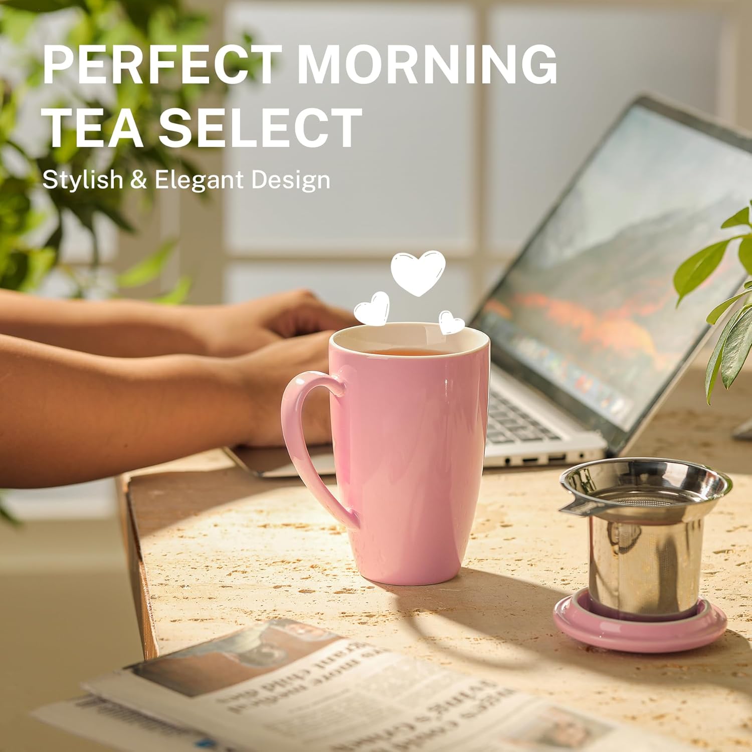 Sweese 15 OZ Porcelain Tea Mug with Infuser and Lid, Loose Leaf Tea Cup, Gifts for Tea Lover, Pink - Image 4