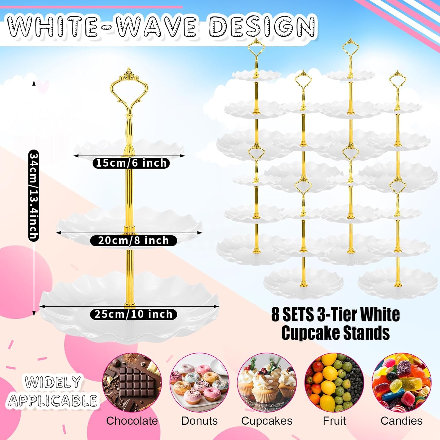 Patelai 8 Packs 3 Tier Cupcake Stand Holder Plastic Cake Serving Display Stand Tower Donuts Cookie Dessert Tray Holder Wave Shape with Gold Rod for Wedding Birthday Baby Shower Tea Party(White)