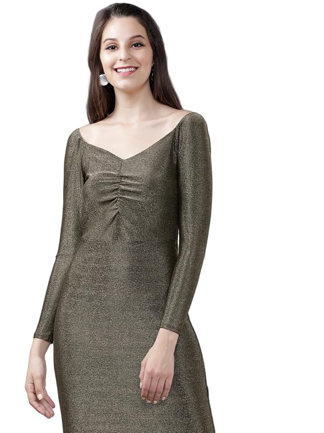 Tokyo Talkies Women's Long Sleeves Sweet Heart Neck Solid Dresses | Stylish Dresses | Party Dresses