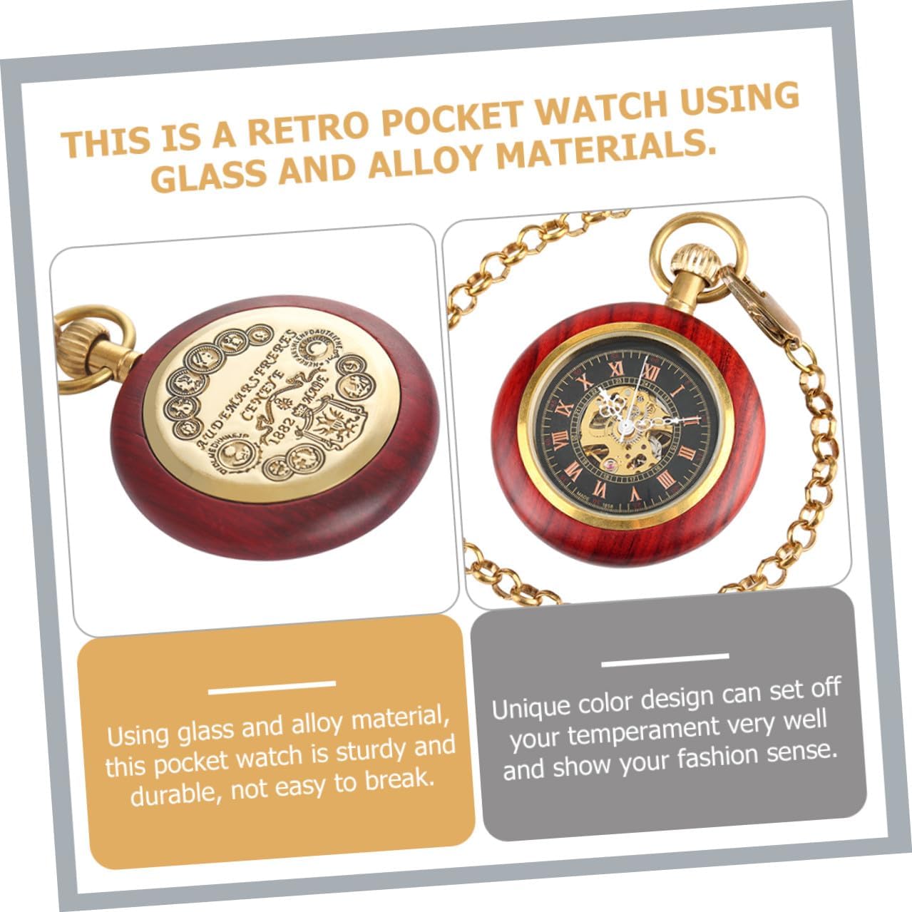 Mechanical Pocket Watch with Roman Numeral Dial, Wood Grain Bezel, Linked Hanging Design, Antique Style for Elderly Men’s Vintage Accessories