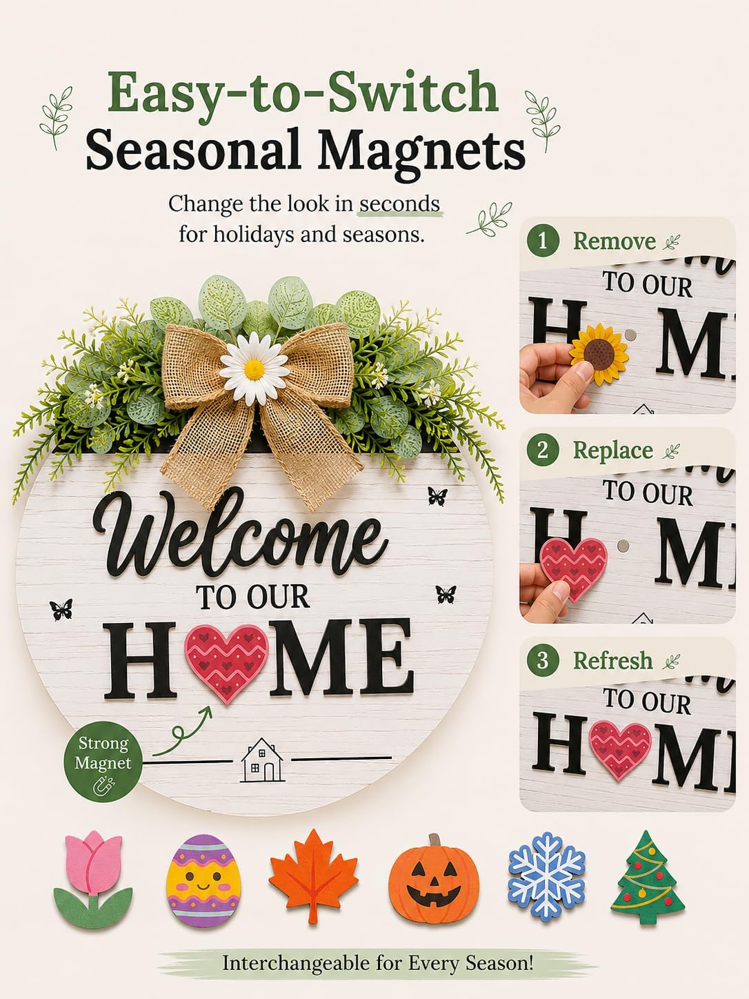 Interchangeable Welcome Sign for Front Door, Round Farmhouse Door Hanger with 12 Changeable Seasonal Magnets, Welcome to Our Home Porch Decor, Rustic Wood Look Wall Sign for Entryway and Housewarming Gift image 3