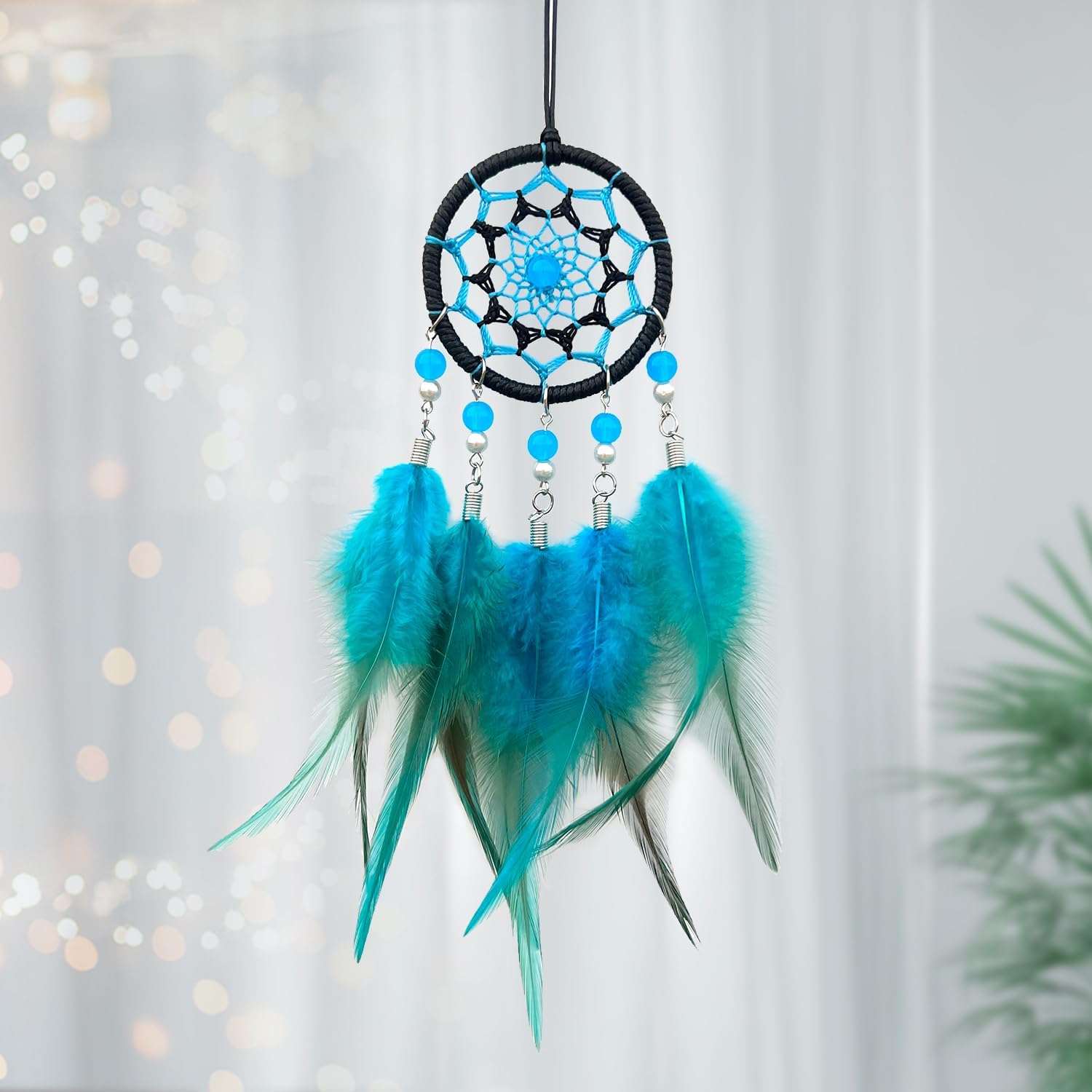Rear View Mirror Accessories Small Dream Catcher for Car, Turquoise Blue Mini Dreamcatcher for Rearview Mirror Hanging