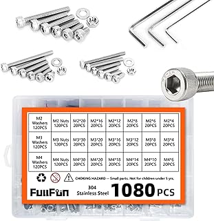 FullFun 1080PCS M2 M3 M4 Hex Socket Head Cap Screw Bolts Nuts and Washer Assortment Kit, 304 Stainless Steel Metric Screws...