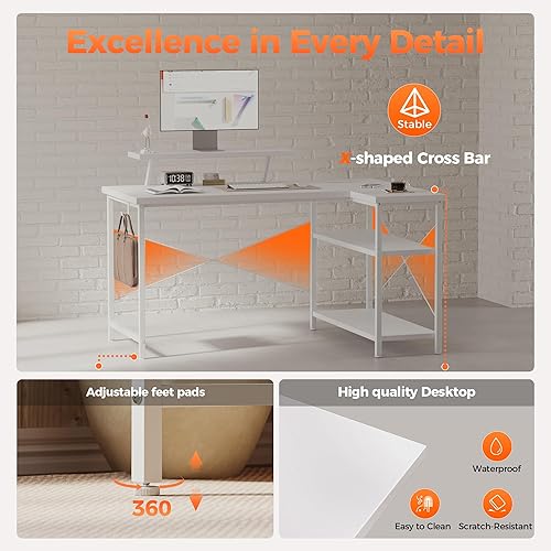 Miniatura 7 de Mericonia Escritorio para computadora en forma de L con tomas de corriente, escritorio para juegos reversible con estantes de almacenamiento y