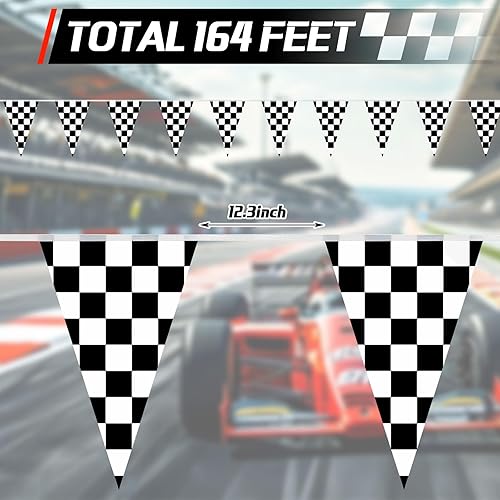 Miniatura 4 de MARFOREVER Pancarta de bandera a cuadros en blanco y negro de 164 pies, 80 banderas de carreras de autos de carreras, banderines de bandera