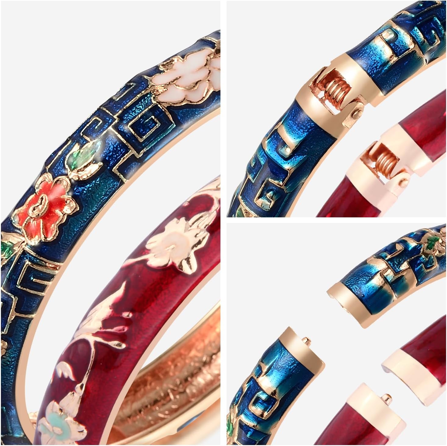 UJOY Cloisonne Bracelet Openable Hinge Cuff Enamel Flower Blue Bangle Jewelry Gift for Women 55A86