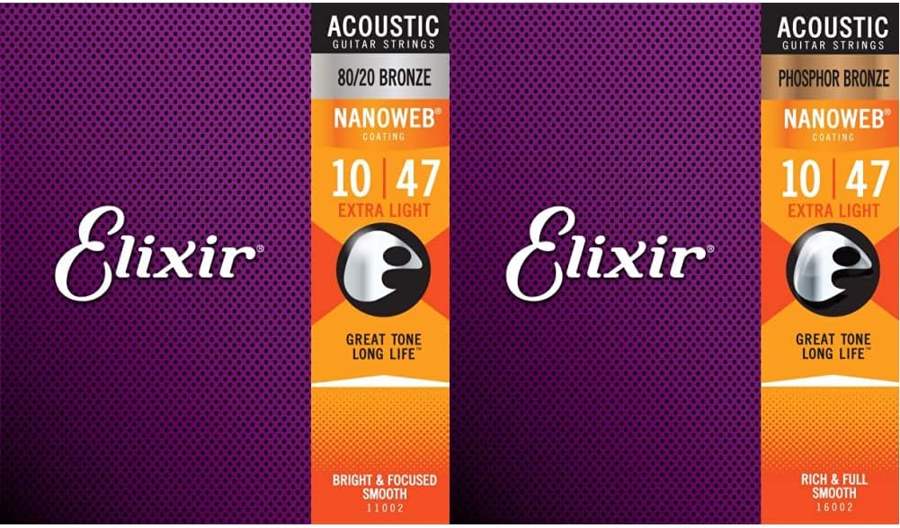 Elixir Acoustic Guitar Strings with NANOWEB Coating - Extra Light Phosphor Bronze and 80/20 Bronze