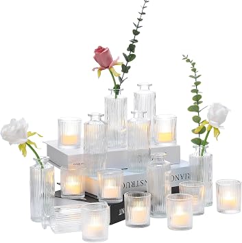 Yerliker 12 Glass Bud Vases Set Bulk Clear Ribbed Vases and 12 Clear Glass Tea Light Candle Holders Suitable for Table Centerpieces, Parties, Home Decor, Wedding Table Centerpiece, Home Decor