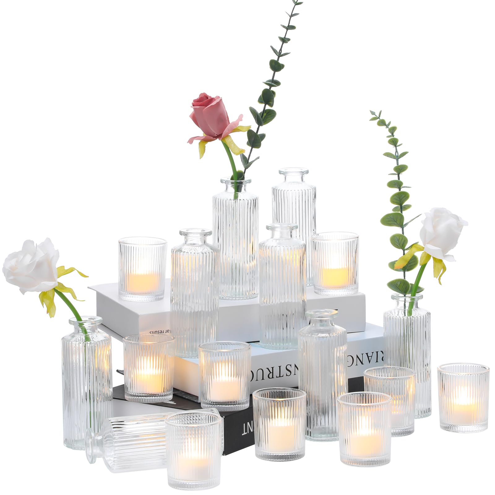 12 mini vases en verre et bougeoirs de table pour decoration mariage et fete
