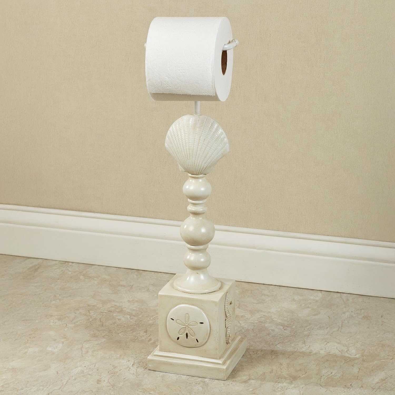 Coastal Toilet Paper Stand | Nautical Beach Bathroom Decor, Resin TP Holder with Seashell, Starfish, Seahorse and Sand Dollar Accents | Antique Ivory Finish, Holds Mega Roll