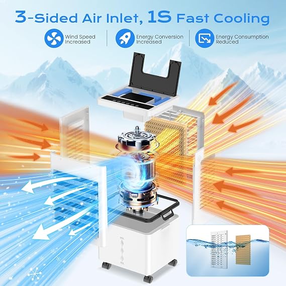 Mobile Air Conditioner 45 W Portable Air Cooler 3-Sided Air Intake 6 Modes Evaporative Cooler with 12 L Removable Tank 24 Hours Timer 60/120° Oscillation Quiet Remote Control for Home [Energy Class A++]