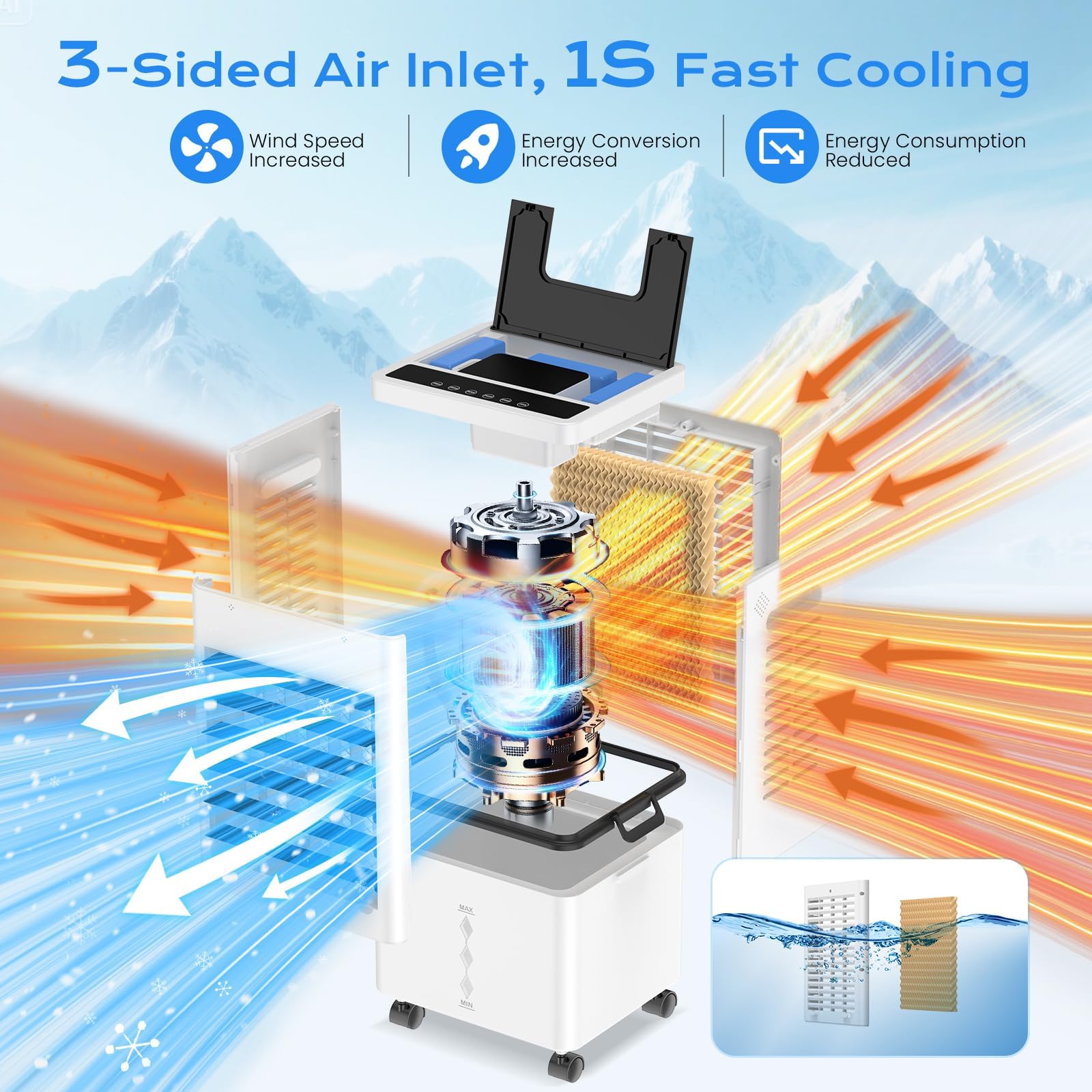 Aire Acondicionado Portátil 12 L, Enfriador de Aire sin Tubo 45W, 3 Modos 6 Velocidades, Climatizador Evaporativo Silencioso 4 en 1, Temporizador de 1-12 H, Control Remoto para Hogar Oficina