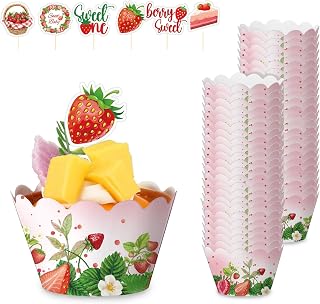 Sweet Strawberry Delight-36PC Strawberries Cupcake Liner and 36 PC Cupcake Toppers Set,Strawberry Shortcake Theme,Baby Showers Birthdays,Baking Wrappers,Cake Decor Supplies,Cupcakes Toppers