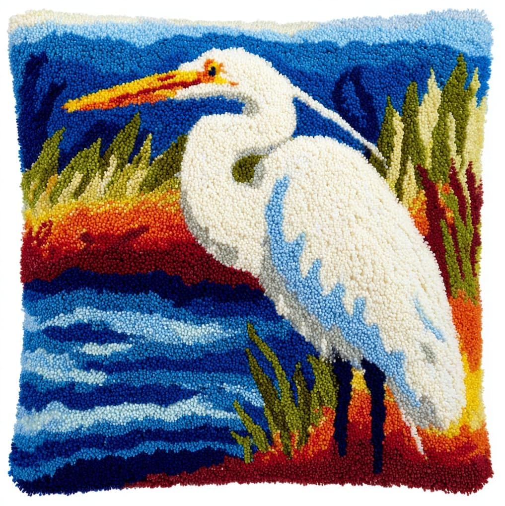AxiangziK Latch Hook Cushion Kits,Animal egret 17X17Inch Handmade Embroidery Kits,DIY Needlework Pillow Rug Making Kit,Decorative Throw Pillow Cover for Sofa Cushions