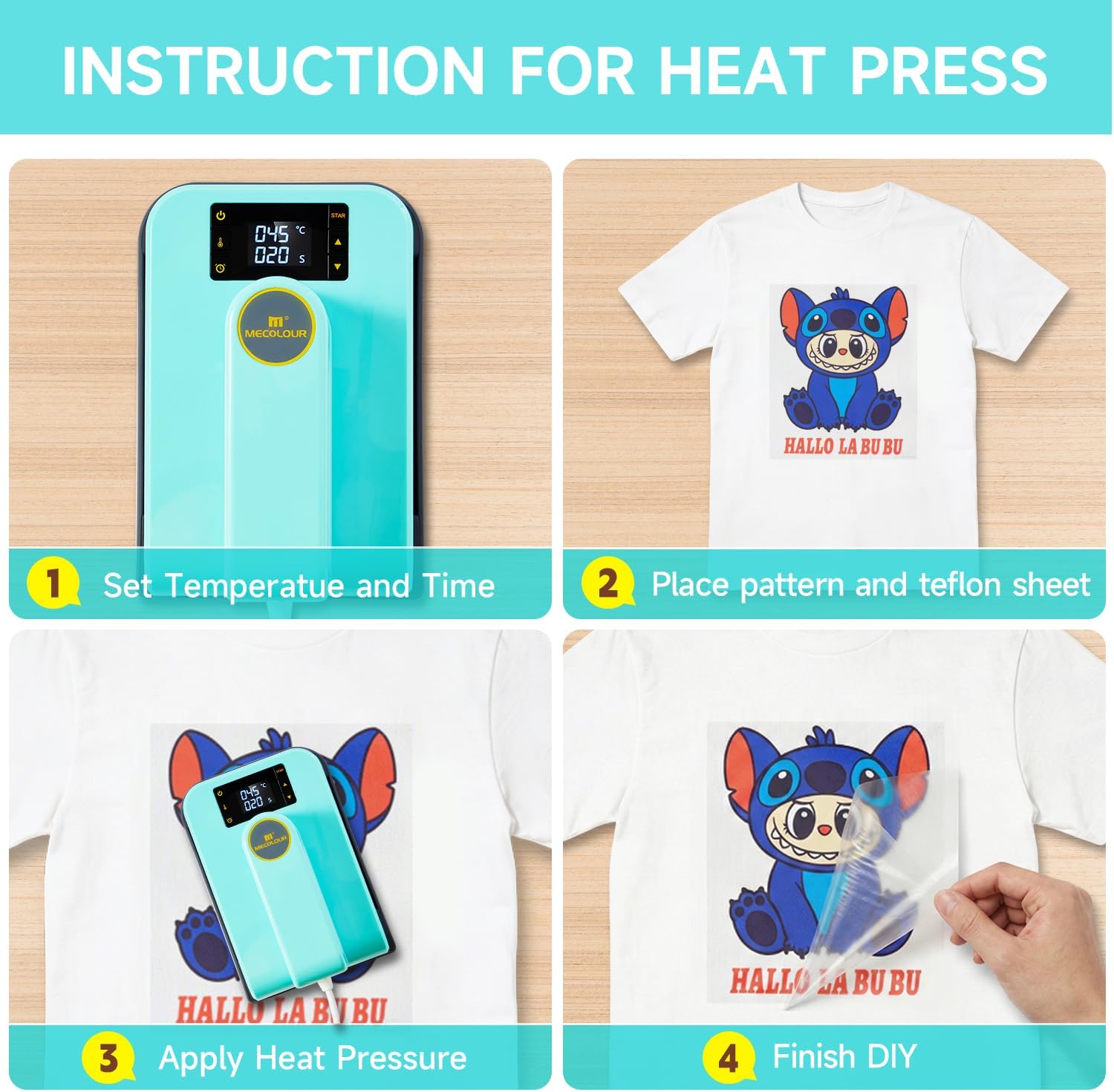 Heat Press Machine MECOLOUR for T-Shirts(5x7 in), Portable Heat Press Used to Sublimation and HTV Vinyl with Precise Temp Control, Max Temp 410℉/210 ℃, for Hat, Bag, Heating Transfer Projects