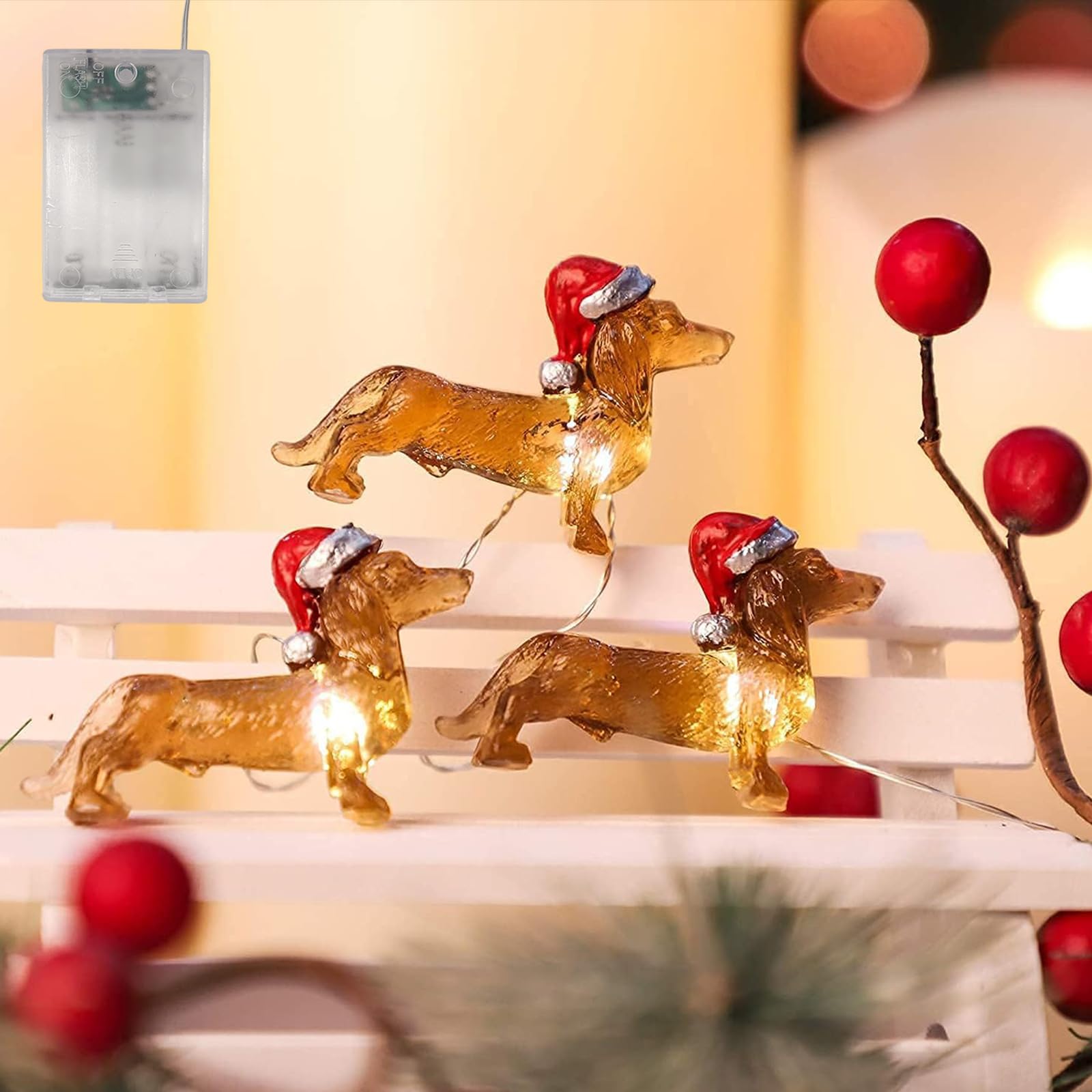 30 Mini Dachshund Shaped LED Lights, Sausage Dog Gifts, Dachshund Gifts, Sausage Dog String Lights, 3 Metre Wire, Battery Operated, for Indoor Outdoor Wedding Birthday Party Christmas Tree Decor